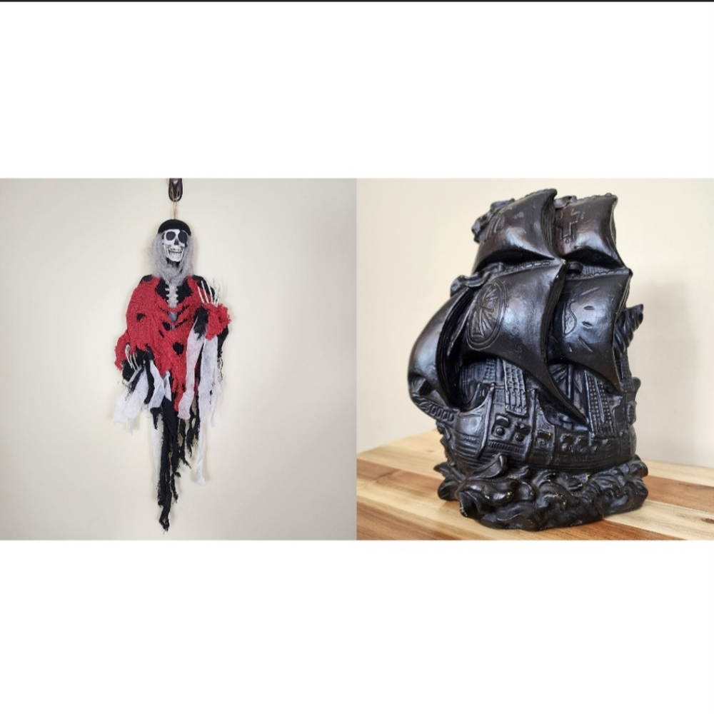 Set of Hanging Halloween Pirate Skeleton and Vintage Pirate Ship Chalkware Decor